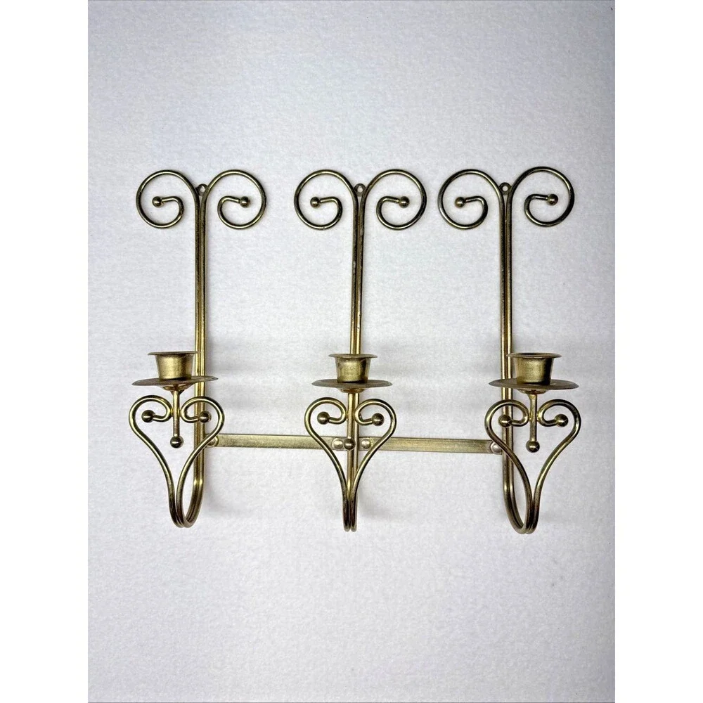 Home Interiors Brass Tone Triple Wall Candle Sconce 3 Arm Scroll 14